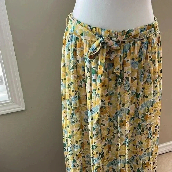 [L]Joie yellow Floral Maxi Lined Pleated Pull On Skirt  with Waist Belt - Picture 3 of 10